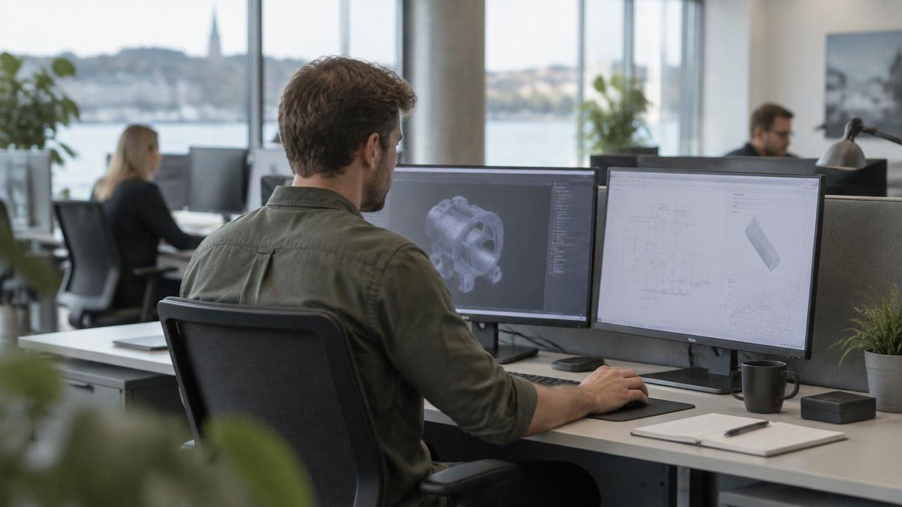 Civil systemingenjör vid en teknisk arbetsstation i ett ljust kontor