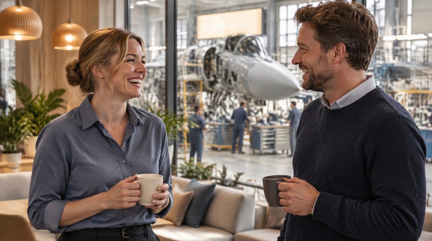 Kvinna och manlig kollega samtalar med kaffekoppar i ett ljust rum, med en flygplansmontering bakom glas