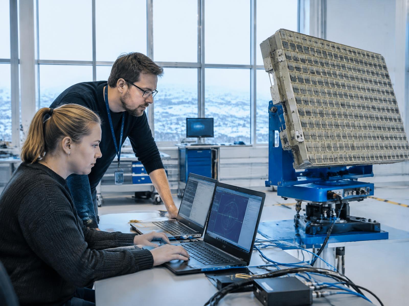Två systemingenjörer testar en radarantenn i en ljus testanläggning