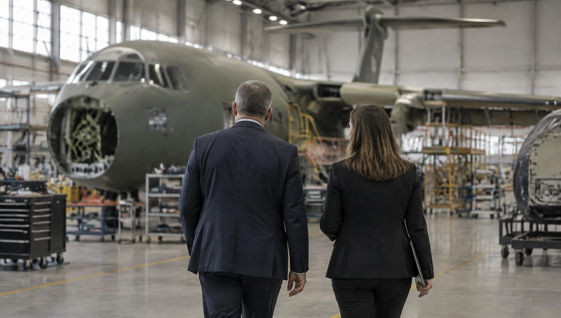 Två tjänstemän i ljus kontorsmiljö går igenom en teknisk ritning med flygplansproduktion i bakgrunden